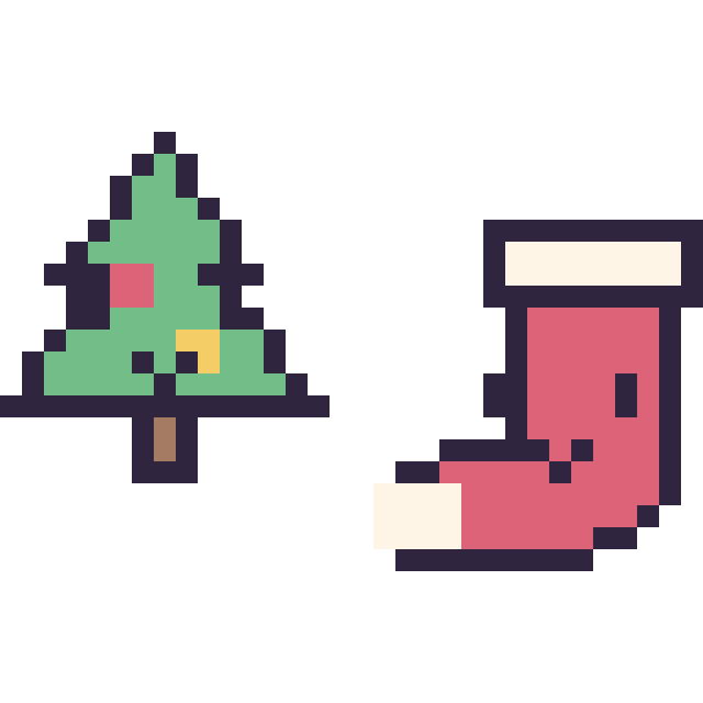 Modèle de pixel art Sapin de Noël kawaii 16 × 16 et Chaussette de Noël kawaii 16 × 16 sur une grille de 32 par 32 cases
