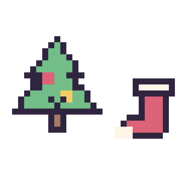 Modèle de pixel art Sapin de Noël kawaii 16 × 16 et Chaussette de Noël simple 10 × 10 sur une grille de 32 par 32 cases