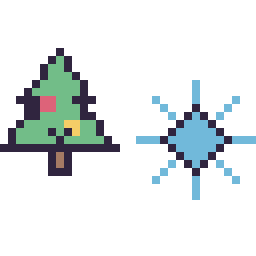 Pixel art Sapin de Noël kawaii 16 × 16 et Flocon simple 16 × 16, grille 32 × 32