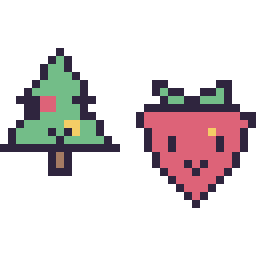 Pixel art Sapin de Noël kawaii 16 × 16 et Fraise kawaii 16 × 16, grille 32 × 32