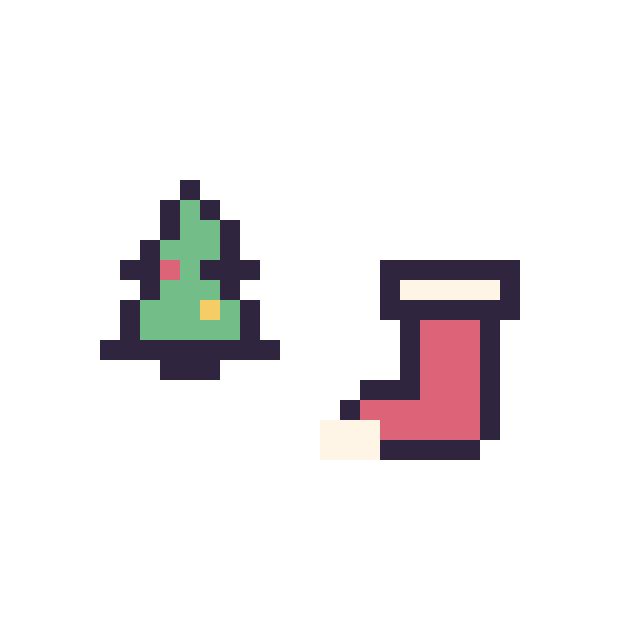 Modèle de pixel art Sapin de Noël simple 10 × 10 et Chaussette de Noël simple 10 × 10 sur une grille de 32 par 32 cases