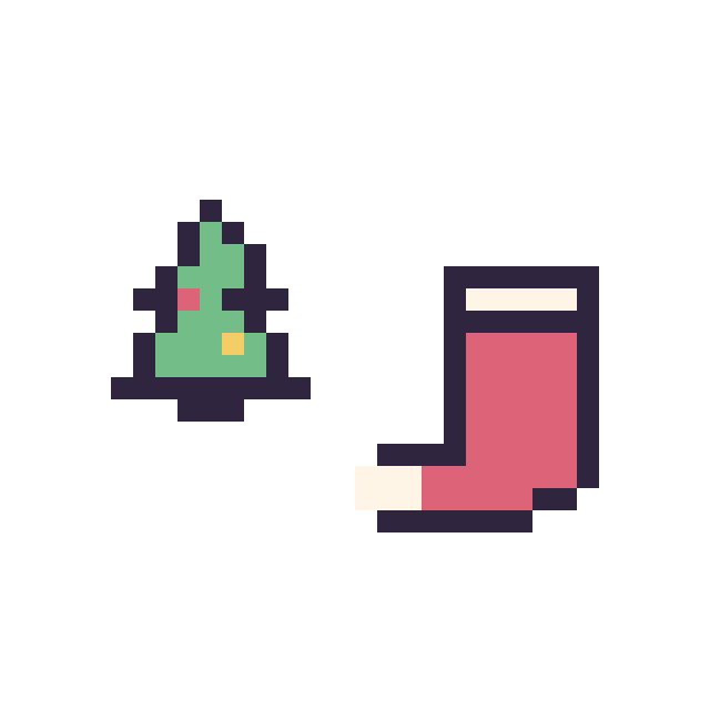 Modèle de pixel art Sapin de Noël simple 10 × 10 et Chaussette de Noël simple 12 × 12 sur une grille de 32 par 32 cases