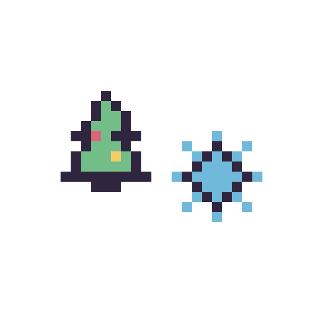 Modèle de pixel art Sapin de Noël simple 10 × 10 et Flocon simple 10 × 10 sur une grille de 32 par 32 cases