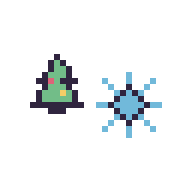 Modèle de pixel art Sapin de Noël simple 10 × 10 et Flocon simple 12 × 12 sur une grille de 32 par 32 cases