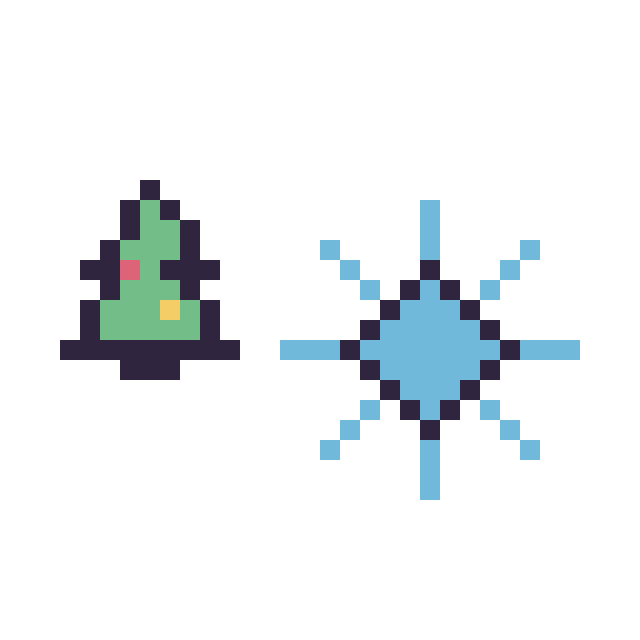 Modèle de pixel art Sapin de Noël simple 10 × 10 et Flocon simple 16 × 16 sur une grille de 32 par 32 cases