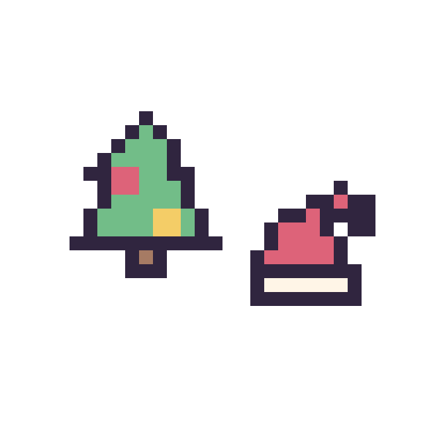 Modèle de pixel art Sapin de Noël simple 12 × 12 et Bonnet de Noël simple 10 × 10 sur une grille de 32 par 32 cases