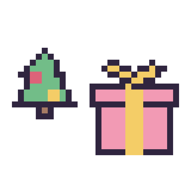 Modèle de pixel art Sapin de Noël simple 12 × 12 et Cadeau simple 16 × 16 sur une grille de 32 par 32 cases