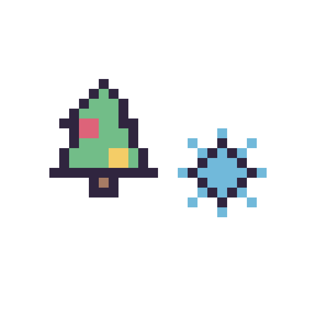 Modèle de pixel art Sapin de Noël simple 12 × 12 et Flocon simple 10 × 10 sur une grille de 32 par 32 cases