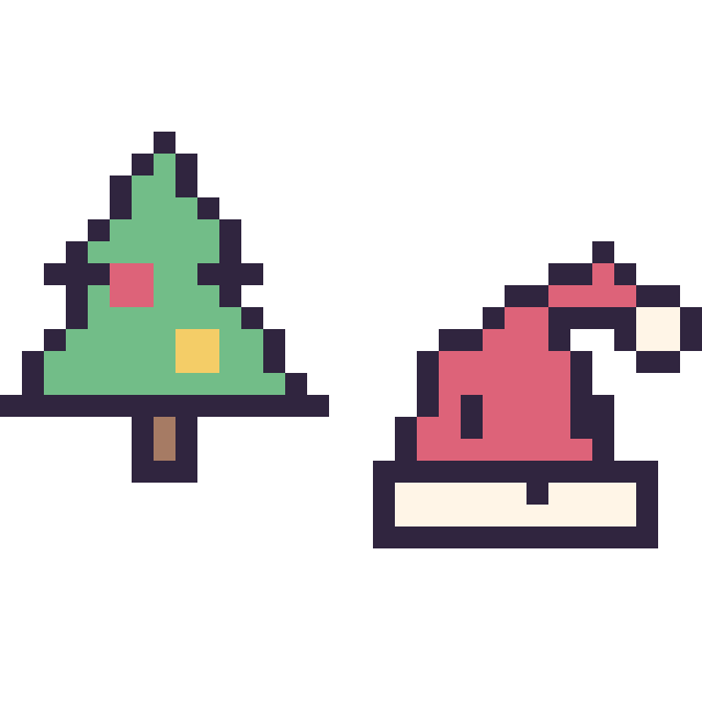 Modèle de pixel art Sapin de Noël simple 16 × 16 et Bonnet de Noël kawaii 16 × 16 sur une grille de 32 par 32 cases