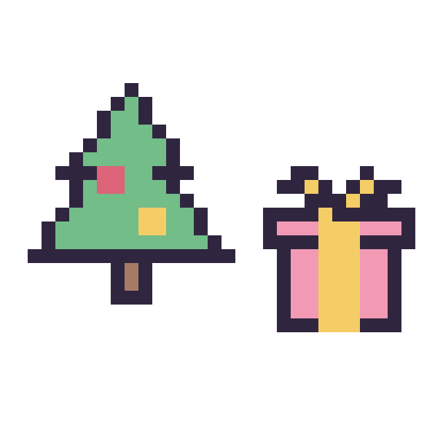 Modèle de pixel art Sapin de Noël simple 16 × 16 et Cadeau simple 12 × 12 sur une grille de 32 par 32 cases
