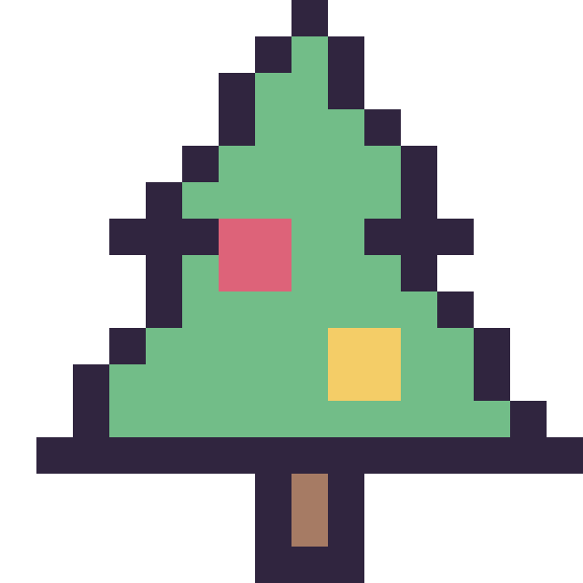 Modèle de pixel art Sapin de Noël simple 16 × 16 sur une grille de 16 par 16 cases