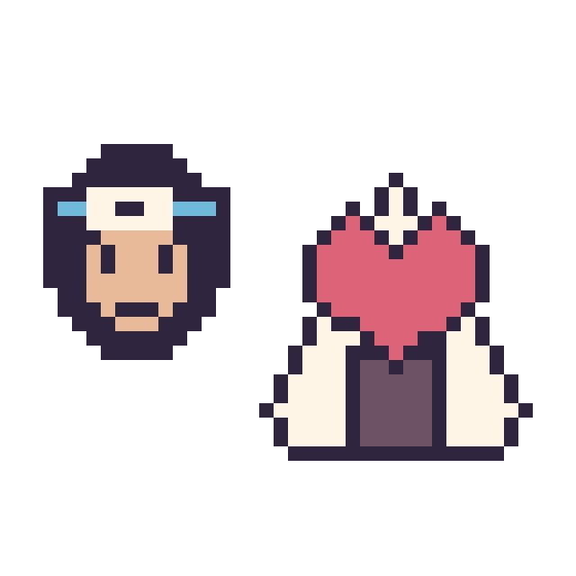 Modèle de pixel art Sasuke mini et Onigiri avec un cœur sur une grille de 40 par 40 cases