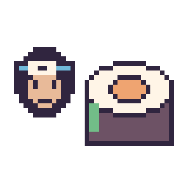 Modèle de pixel art Sasuke mini et Sushi sur une grille de 40 par 40 cases