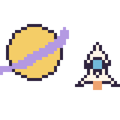 Pixel art Saturne et Fusée kawaii 16 × 16, grille 40 × 40