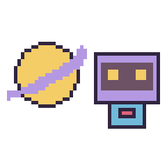 Pixel art Saturne et Robot rétro, grille 48 × 48