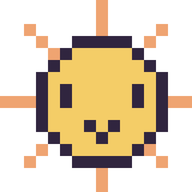 Modèle de pixel art Soleil kawaii 16 × 16 sur une grille de 16 par 16 cases