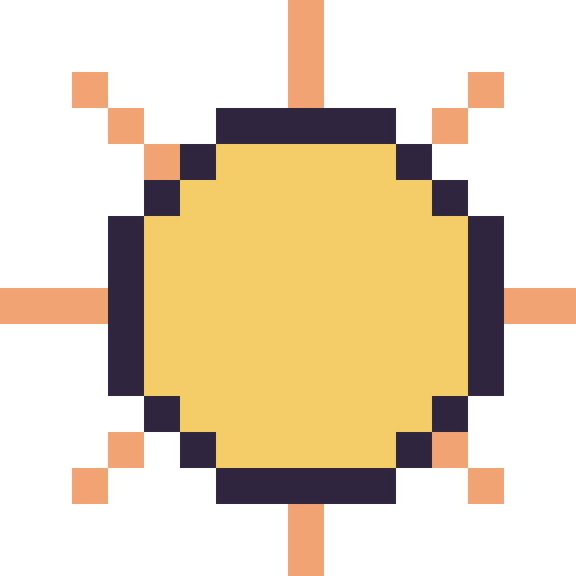 Modèle de pixel art Soleil simple 16 × 16 sur une grille de 16 par 16 cases