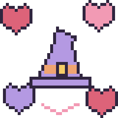 Pixel art Chapeau de sorcière pointu avec des cœurs, grille 40 × 40
