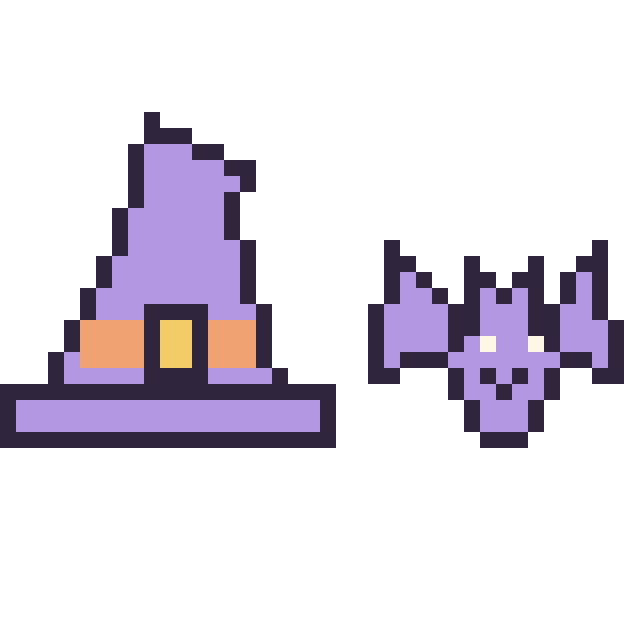 Modèle de pixel art Chapeau de sorcière pointu et Chauve-souris kawaii 16 × 16 sur une grille de 40 par 40 cases