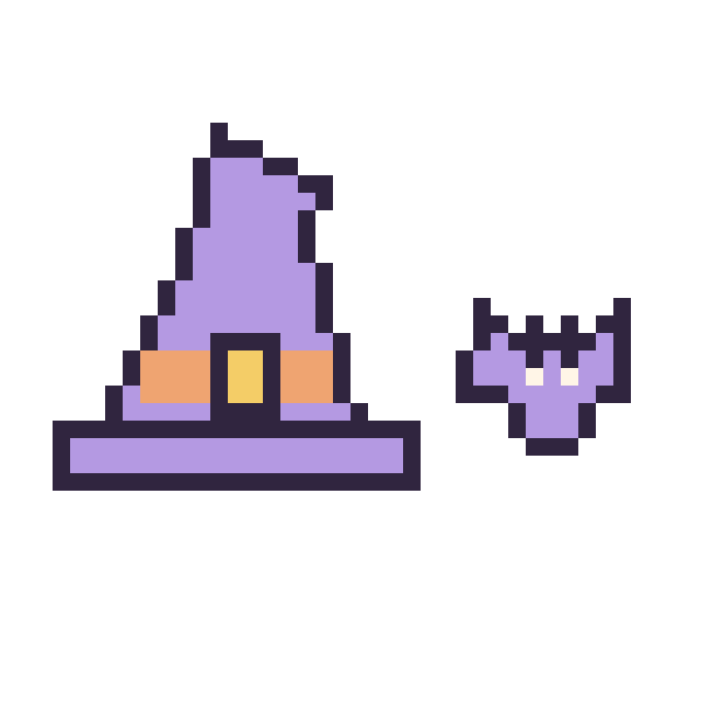 Modèle de pixel art Chapeau de sorcière pointu et Chauve-souris simple 10 × 10 sur une grille de 40 par 40 cases