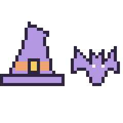 Pixel art Chapeau de sorcière pointu et Chauve-souris simple 16 × 16, grille 40 × 40