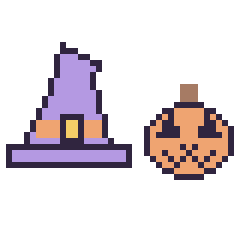 Pixel art Chapeau de sorcière pointu et Citrouille d'Halloween kawaii 16 × 16, grille 40 × 40