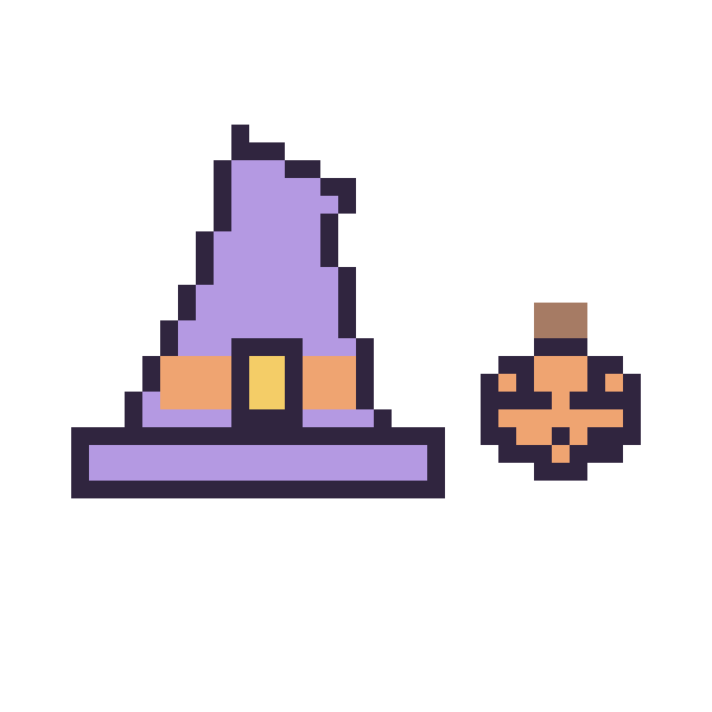 Modèle de pixel art Chapeau de sorcière pointu et Citrouille d'Halloween simple 10 × 10 sur une grille de 40 par 40 cases
