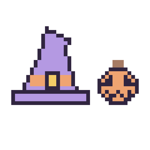 Modèle de pixel art Chapeau de sorcière pointu et Citrouille d'Halloween simple 12 × 12 sur une grille de 40 par 40 cases