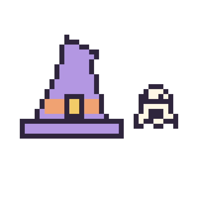 Modèle de pixel art Chapeau de sorcière pointu et Fantôme simple 10 × 10 sur une grille de 40 par 40 cases