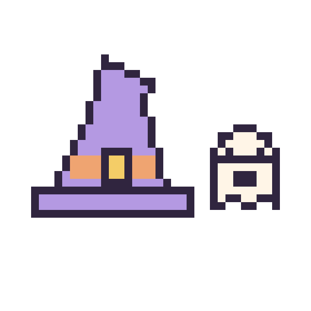 Modèle de pixel art Chapeau de sorcière pointu et Fantôme simple 12 × 12 sur une grille de 40 par 40 cases