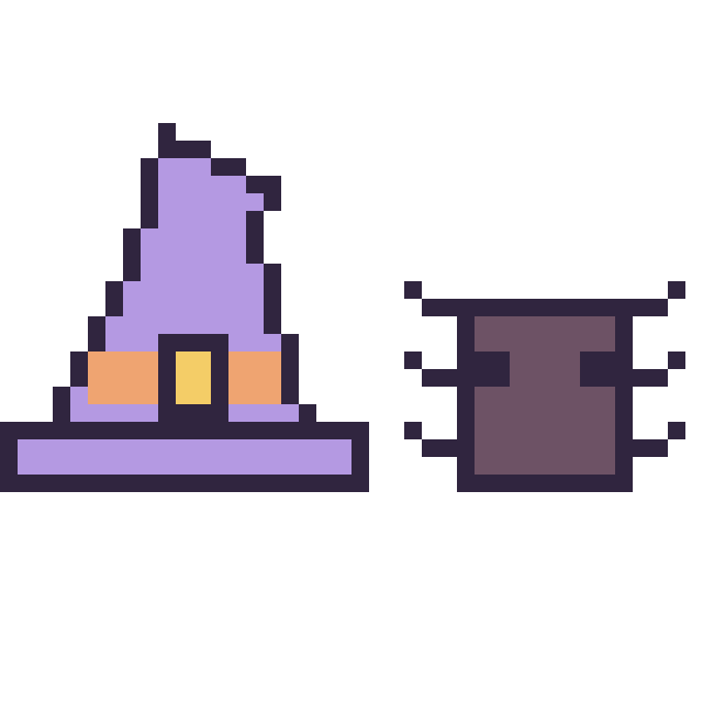 Modèle de pixel art Chapeau de sorcière pointu et Araignée Minecraft 16 × 16 sur une grille de 40 par 40 cases
