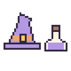Pixel art Chapeau de sorcière pointu et Potion simple 16 × 16, grille 40 × 40