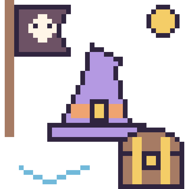 Modèle de pixel art Chapeau de sorcière pointu en aventure pirate sur une grille de 40 par 40 cases