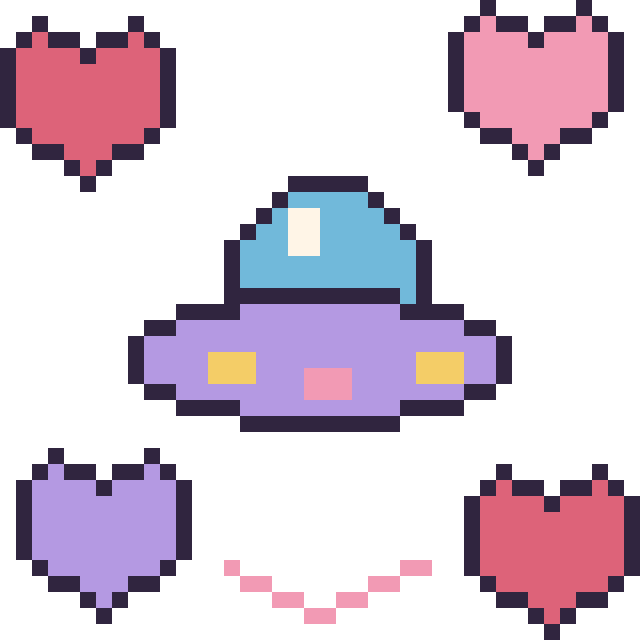 Modèle de pixel art Soucoupe volante avec des cœurs sur une grille de 40 par 40 cases