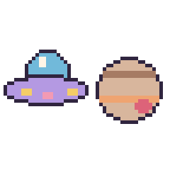 Pixel art Soucoupe volante et Jupiter, grille 48 × 48