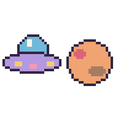 Pixel art Soucoupe volante et Mars, grille 48 × 48