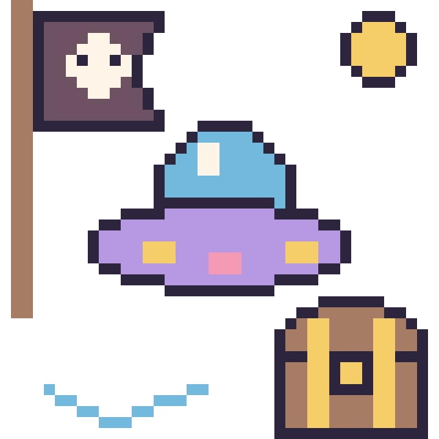 Modèle de pixel art Soucoupe volante en aventure pirate sur une grille de 40 par 40 cases