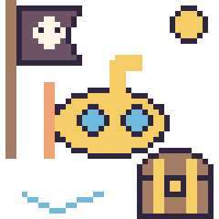 Pixel art Sous-marin en aventure pirate, grille 40 × 40