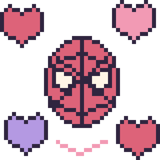 Modèle de pixel art Spider-Man avec des cœurs sur une grille de 40 par 40 cases