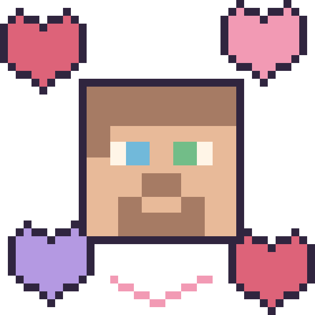Modèle de pixel art Steve avec des cœurs sur une grille de 40 par 40 cases