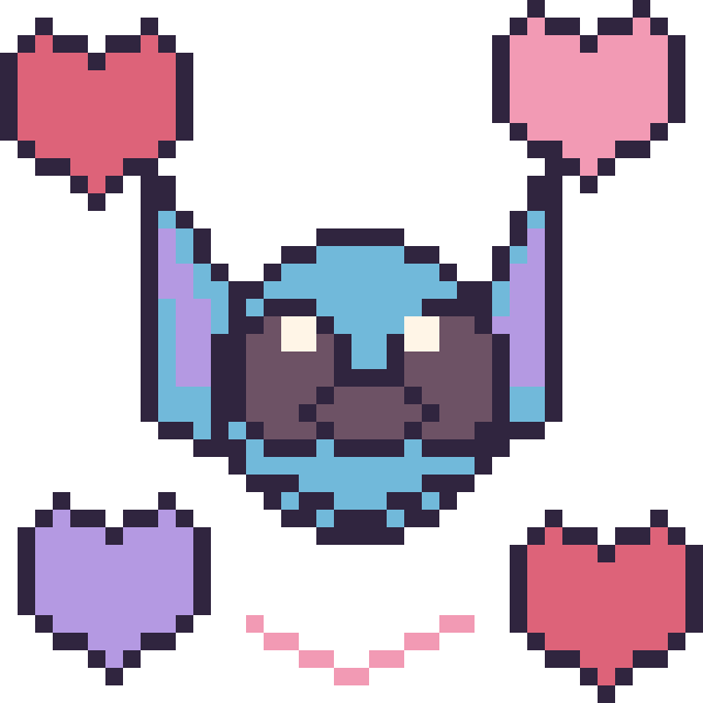 Modèle de pixel art Stitch avec des cœurs sur une grille de 40 par 40 cases