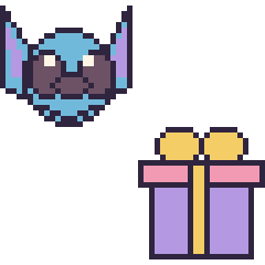 Pixel art Stitch et Cadeau, grille 48 × 48