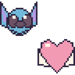 Pixel art Stitch et Cœur ailé, grille 48 × 48
