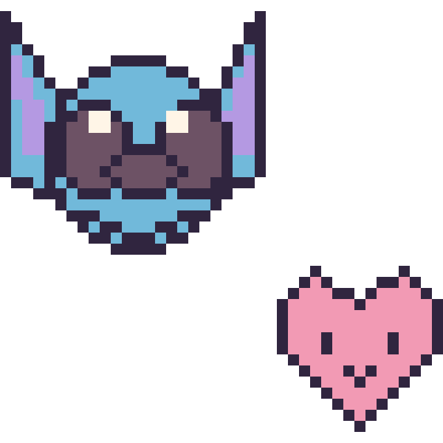 Modèle de pixel art Stitch et Cœur kawaii 16 × 16 sur une grille de 40 par 40 cases