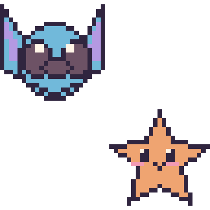 Modèle de pixel art Stitch et Étoile de mer sur une grille de 48 par 48 cases