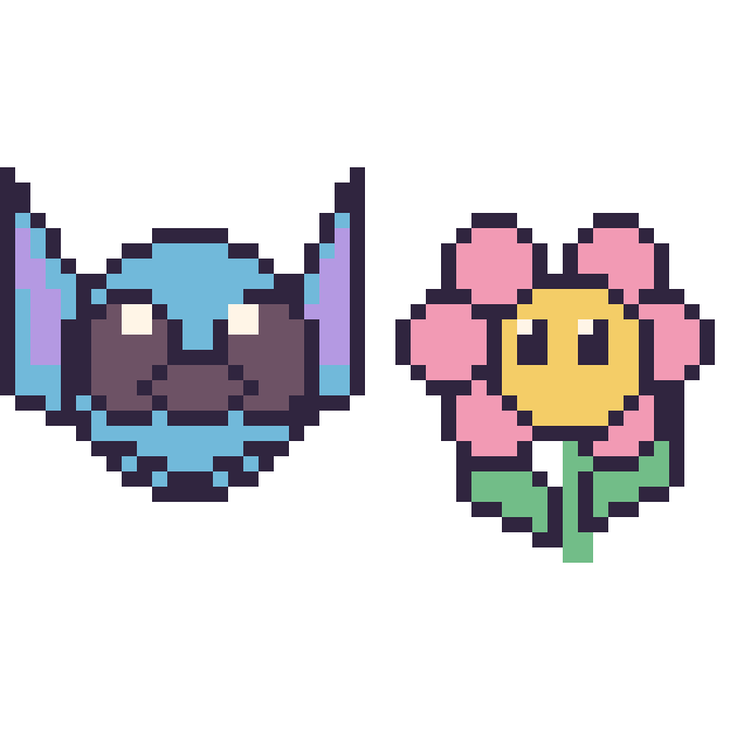 Modèle de pixel art Stitch et Fleur kawaii sur une grille de 48 par 48 cases