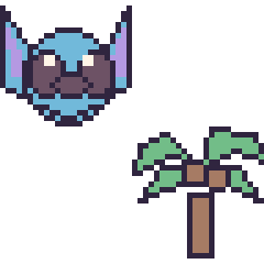 Pixel art Stitch et Palmier, grille 48 × 48