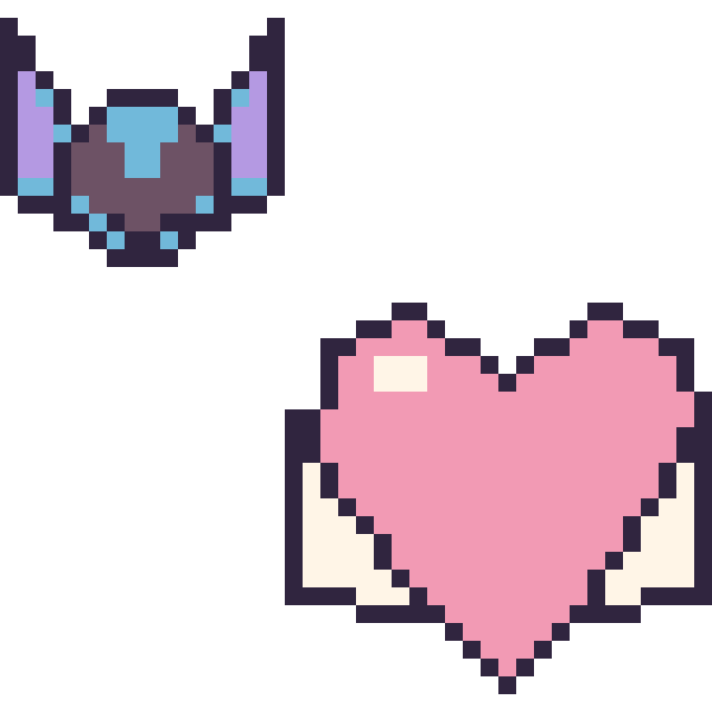 Modèle de pixel art Stitch mini et Cœur ailé sur une grille de 40 par 40 cases