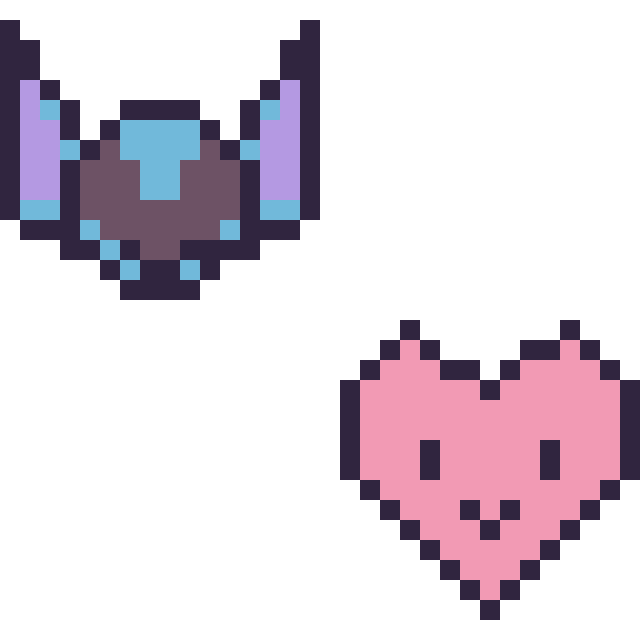 Modèle de pixel art Stitch mini et Cœur kawaii 16 × 16 sur une grille de 32 par 32 cases