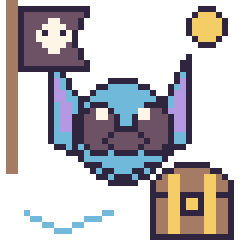 Pixel art Stitch en aventure pirate, grille 40 × 40